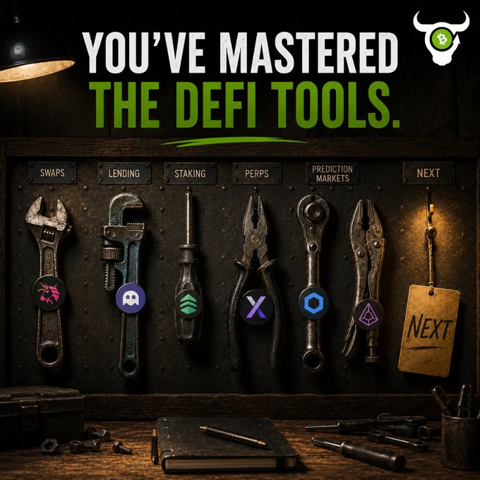 A promotional graphic reading 'YOU'VE MASTERED THE DEFI TOOLS,' displaying various tools on a workshop wall, each tagged with cryptocurrency logos representing Swaps, Lending, Staking, Perps, Prediction Markets, and a 'Next' tag.