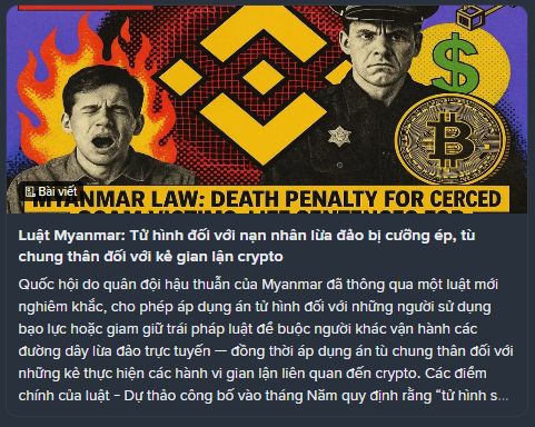 Vietnamese-language news graphic titled 'MYANMAR LAW: DEATH PENALTY FOR CERCED' reporting on Myanmar's new law imposing the death penalty for those who use online fraud to scam victims, and life imprisonment for cryptocurrency-related fraud.