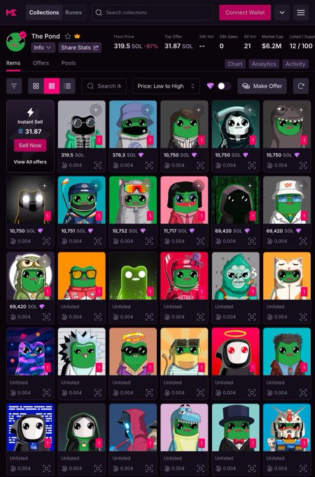 A screenshot of a digital NFT marketplace displaying a collection called 'The Pond' with various frog-themed avatars priced in SOL.