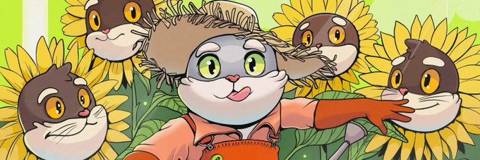 A colorful illustration of cartoon cats with brown, gray, and tabby faces wearing a straw hat and orange overalls, surrounded by sunflowers.