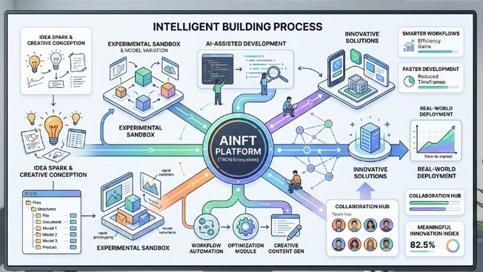 AINFT Platform infographic illustrating an 'Intelligent Building Process' flow from Idea Spark & Creative Conception through Experimental Sandbox, AI-Assisted Development, Innovative Solutions, to Real-World Deployment, with an 82.5% Meaningful Innovation Index.