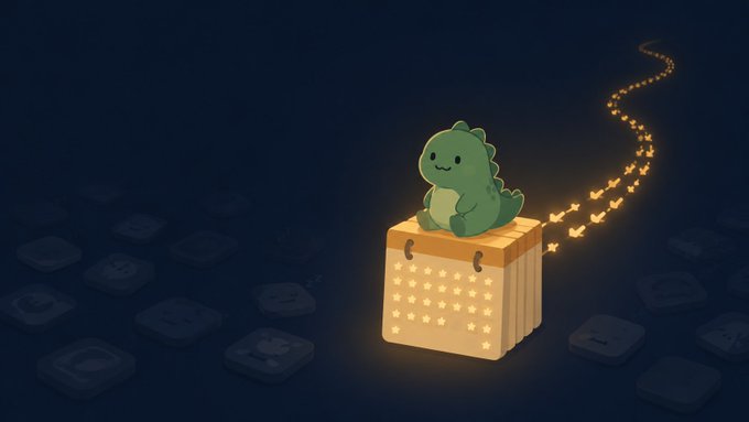 An illustration of a cute green dinosaur sitting on a glowing gift box with stars, with a trail of smaller dinosaurs following behind it on a dark background.