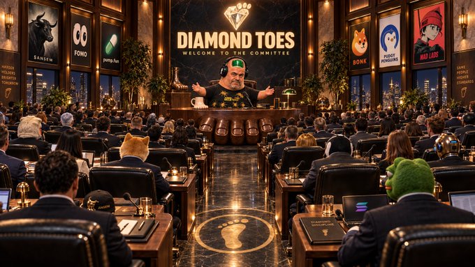 A grand committee chamber titled "DIAMOND TOES — WELCOME TO THE COMMITTEE" features a speaker at a podium addressing rows of attendees, including several with animal heads, while wall panels display logos like FANTOM, FOMO, pump.fun, BONK, and PUDGY PENGUINS. The image humorously visualizes the post's invitation to apply for a "Toe-liever" group chat, depicting an exclusive crypto-themed gathering of diverse meme coin devotees.