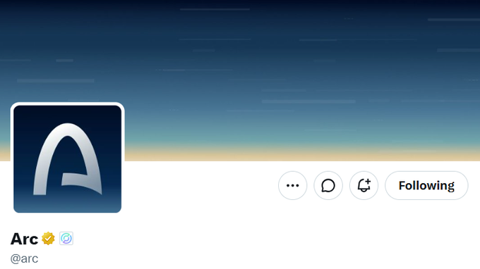 A Twitter/X profile page for the account "Arc" (@arc) featuring a stylized "A" logo on a dark blue background.