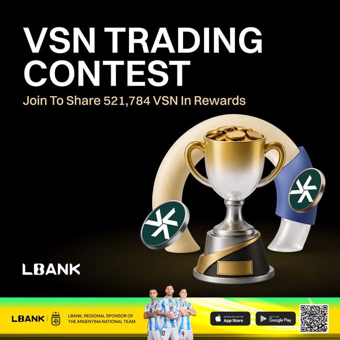 A promotional graphic for LBank's VSN Trading Contest invites participants to share in 521,784 VSN rewards, featuring a golden trophy and VSN coin logos alongside the LBank branding and Argentina National Team sponsorship, with App Store and Google Play download badges and a QR code for joining the contest.