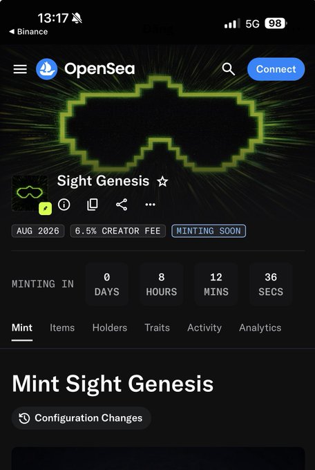 OpenSea app screenshot showing the 'Sight Genesis' NFT collection page with a countdown of 8 hours, 12 minutes, and 36 seconds until minting.