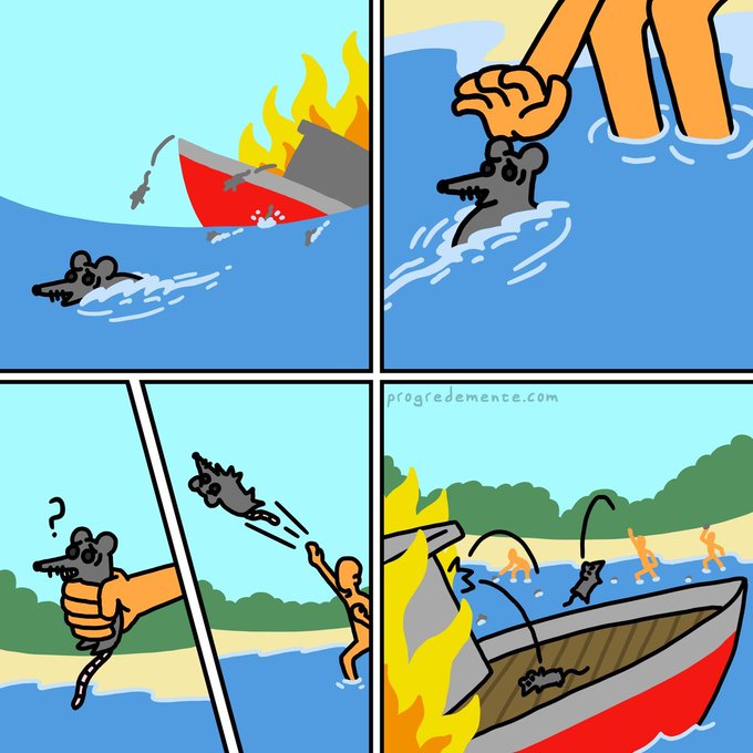 A four-panel comic shows a burning boat with a rat swimming away, only to be repeatedly caught and thrown back onto the boat, with the text "progredemence.com" visible. The comic humorously illustrates the post's metaphor about cryptocurrency Core 30 (likely Bitcoin Core), depicting the futility of "jumping ship" and trying to escape a burning investment.