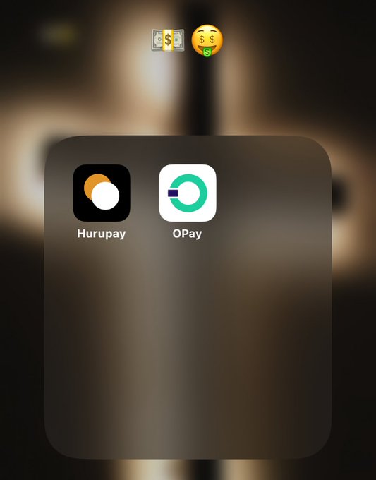 A smartphone screenshot showing Hurupay and OPay app icons with money-related emojis above, including dollar bills and a money-mouth face.