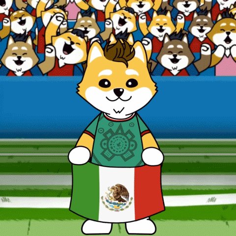 llorco, a cartoon dog with brown and white fur, holds a green and red flag on its back while standing on a grassy field.