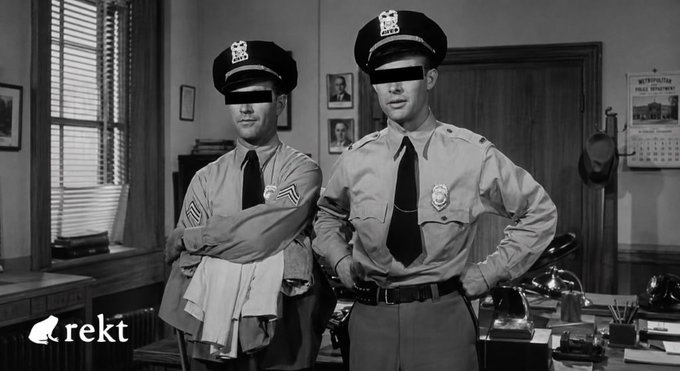 Two vintage police officers stand in a black-and-white office scene with redacted black bars over their eyes, with a "rekt" watermark in the corner.

The image parodies the Term Labs governance attack—where attackers, like blind-eyed cops, bypassed proper oversight and procedurally looted the protocol for $8.5M, exploiting governance loopholes rather than technical vault bugs.