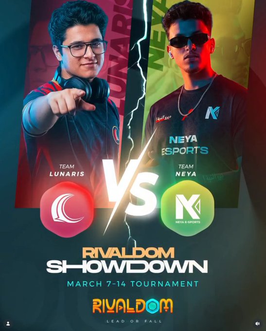 A promotional poster for a 'RIVALDOM SHOWDOWN' tournament from March 7-14, showing a head-to-head matchup between 'TEAM LUNARIS' and 'TEAM NEYA ESPORTS' with their respective team logos.