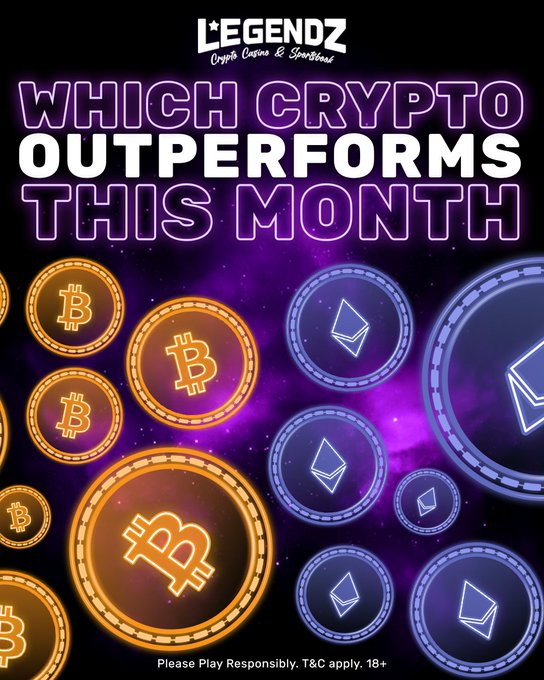 A "Legendz Crypto Casino & Sportsbook" promotional graphic featuring glowing orange Bitcoin (₿) and purple Ethereum (Ξ) coins against a cosmic background, with bold text asking "Which Crypto Outperforms This Month" to encourage viewers to place crypto price predictions on Legendz.io.