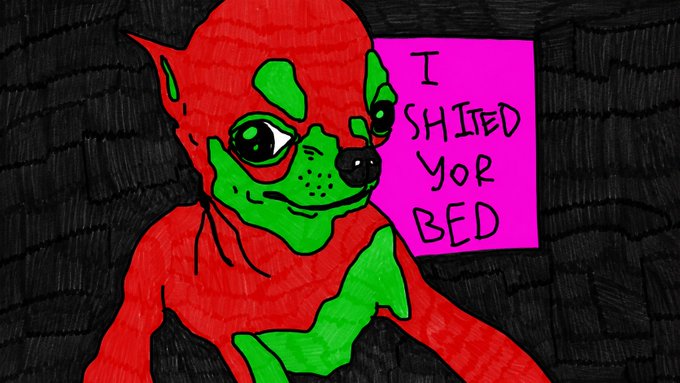 A red and green cartoon creature holds a pink note reading "I SHITED YOR BED," used as a crude, attention-grabbing teaser to hype an upcoming crypto announcement tied to the "Ave" project.
