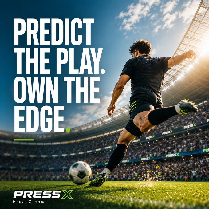 The image is a dynamic soccer promotional graphic showing a player mid-kick in a packed stadium, featuring the bold text "PREDICT THE PLAY. OWN THE EDGE." and the "PRESS X" logo with "PressX.com" URL at the bottom. It ties into the post by visually reinforcing PressX's prediction market tournament theme, blending sports excitement with the competitive "own the edge" message and the up-to-5,000 USDT prize incentive.
