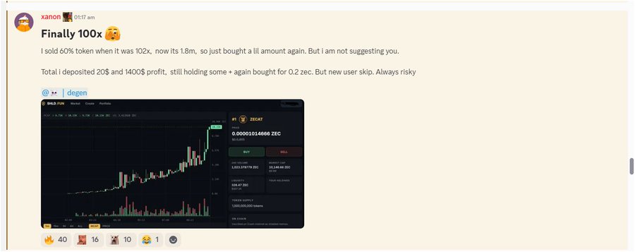 A Discord/Telegram message from user 'xanon' celebrating 'Finally 100x' with text describing selling 60% of tokens at 102x, depositing 20$ with 1400$ profit, and a screenshot of a 'GOLD.FUN' trading chart showing a token called #1 ZECAT.