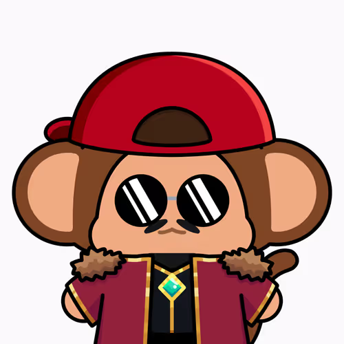A cartoon chimpanzee NFT character wearing a red backwards cap, oversized sunglasses, and a fur-trimmed burgundy jacket with a diamond emblem, representing the Chimpers NFT collection mentioned in the post about the 5,555 supply and 100 Genesis 1/1 editions.