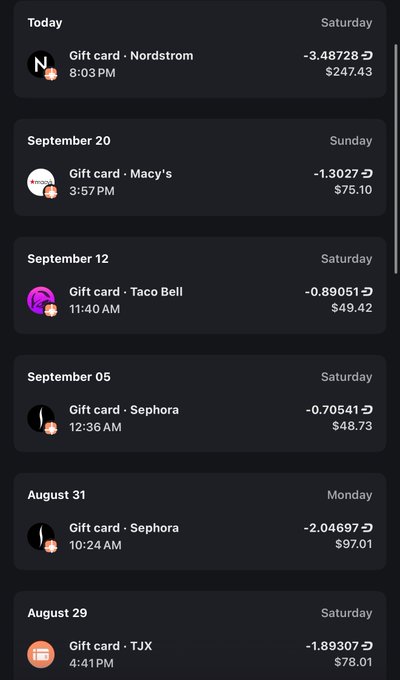 A screenshot of an Apple Pay transaction history showing multiple gift card purchases from Nordstrom, Macy's, Taco Bell, Sephora, and TJX across various dates from August to September, with amounts ranging from $48.73 to $247.43.