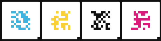 Four pixelated alien icons in cyan, yellow, black, and magenta are displayed in a row, resembling classic Space Invaders sprites.
