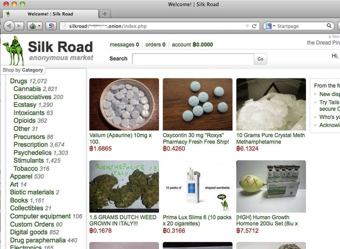Screenshot of the Silk Road anonymous marketplace on the dark web, displaying drug listings including cannabis, ecstasy, and oxycontin with Bitcoin prices.