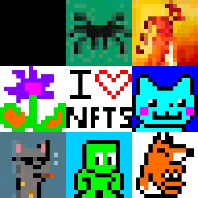 A collage of various pixel art images including a spider, a dinosaur, a flower, a heart, the text "I [heart] NFTS", a blue cat face, a gray rat, a green character, and an orange creature.