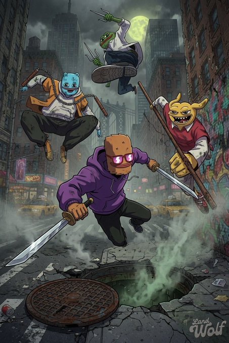 Illustration by Sand Wolf depicting cartoon characters (a bear, shark, frog, and toast) wielding weapons in a city street scene reminiscent of Teenage Mutant Ninja Turtles.