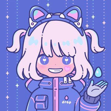 A pastel-toned digital illustration of a chibi-style girl with white twin-tails, pink eyes, and a cat-ear headband, wearing a pink and blue jacket with 'drop' written on it against a sparkly blue background.