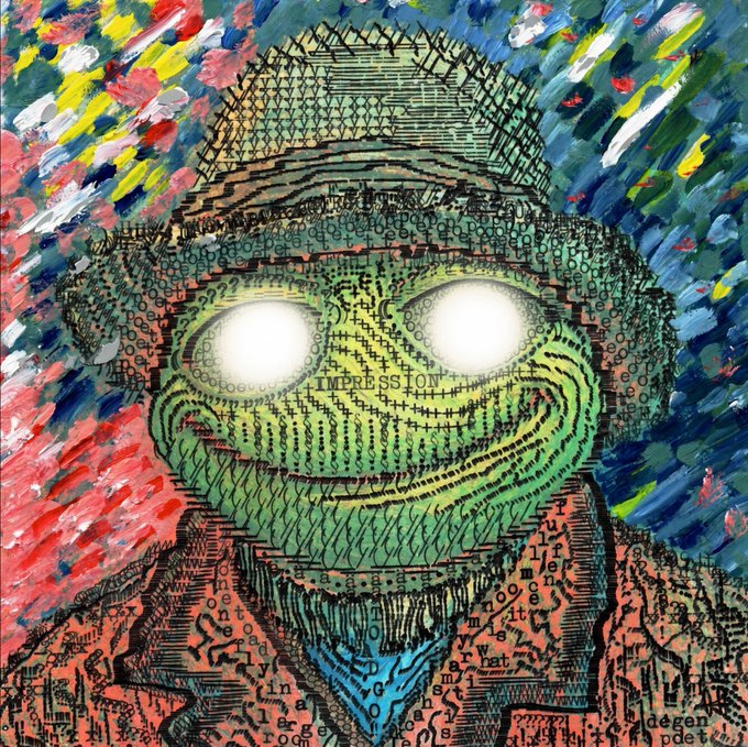 A mixed-media artwork featuring a green alien-like face with glowing white eyes, overlaid on a background of abstract paint strokes and a figure covered in printed text including the word 'IMPRESSION'.