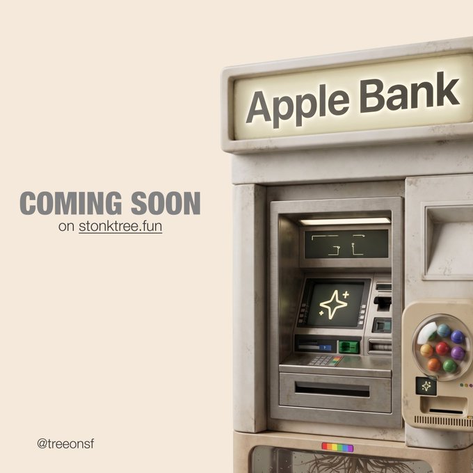 A stylized 3D rendering of an ATM machine labeled "Apple Bank" is displayed alongside the text "COMING SOON on stonktree.fun," with the handle @treeonsf in the corner. The image playfully visualizes the announcement of a new banking feature coming to the $TREE (Tree On Sol) project, tying the meme of "printing money" (depicted by roots growing from the machine) to its upcoming "bank" release.