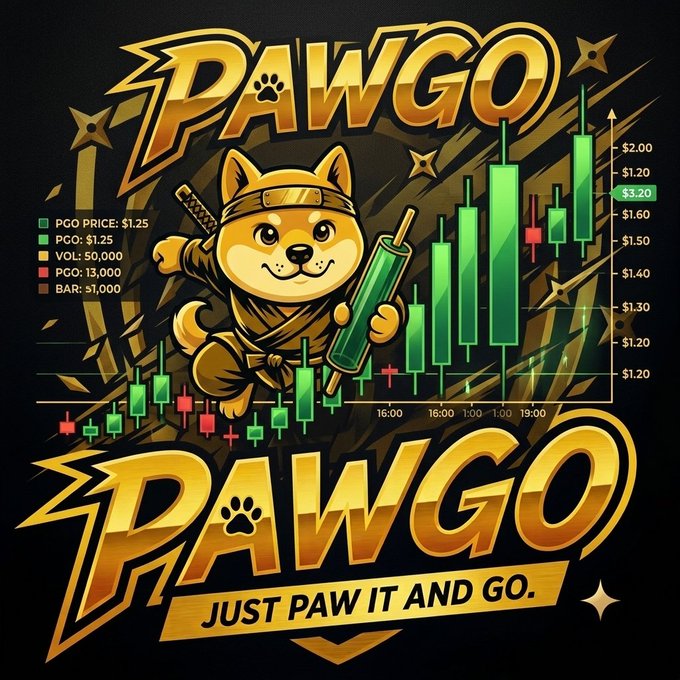 A promotional graphic for the 'PAWGO' token featuring a cartoon ninja dog holding a green candle, surrounded by a financial candlestick chart, with the tagline 'JUST PAW IT AND GO.'