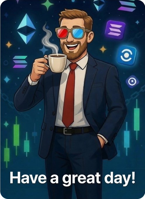 A digital illustration of a smiling bearded man in a suit and 3D glasses holding a coffee mug, surrounded by cryptocurrency symbols, with 'Have a great day!' written below.