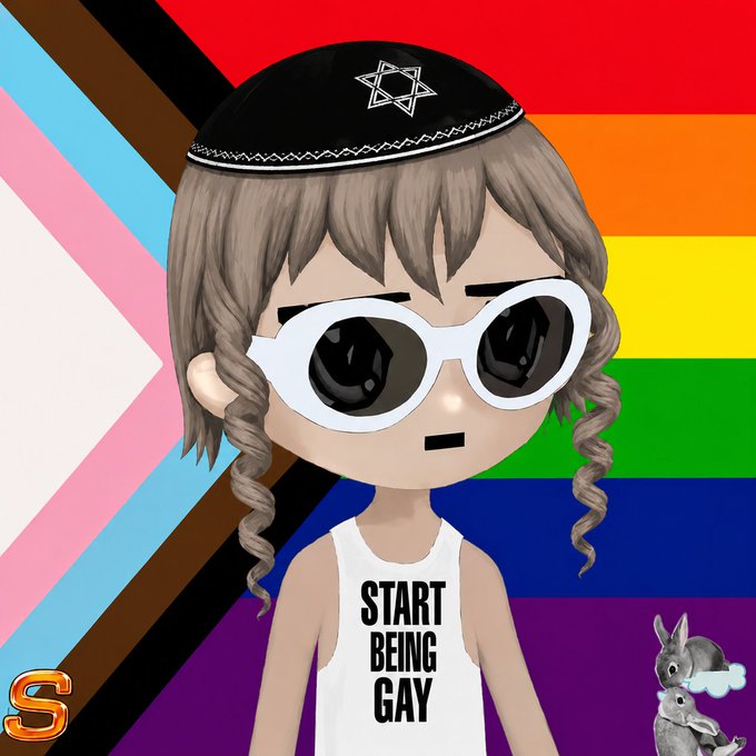 The image features a cartoon girl wearing sunglasses, a tank top, and a Star of David hat. She has long curly hair that she wears in pigtails. The background of the image includes a rainbow flag with various colors. There are also two small animals present in the scene - one rabbit and one bird.