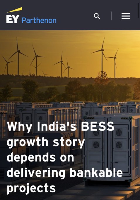 An EY Parthenon article header displays the title 'Why India's BESS growth story depends on delivering bankable projects' over an image of wind turbines and battery storage units at sunset.