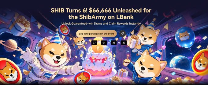 A promotional banner for a SHIB (Shiba Inu) birthday event celebrating 'SHIB Turns 6!' with a $66,666 prize on LBank, featuring cartoon Shiba dogs in space suits around a birthday cake.