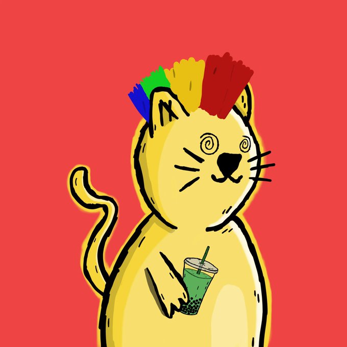 A cartoon illustration of a yellow cat with a colorful rainbow mohawk, spiral eyes, and holding a cup of bubble tea (boba) against a red background.