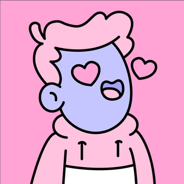 A cartoon drawing of a purple-skinned character with pink hair and a heart-shaped eye, smiling against a bright pink background.
