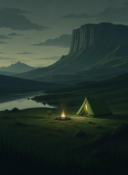 An illustrated landscape shows a lit green tent and campfire beside a calm lake, with a massive flat-topped mountain rising under a dark, cloudy sky.