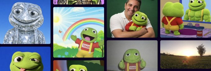 The image is a montage featuring various depictions of a green frog/toad character wearing a red shirt with "TOAD" written on it, shown in different styles including 3D render, cartoon illustration, a real person holding a frog plush, and a figure in a natural setting. The collage ties to the $TOAD cryptocurrency by playfully showcasing the meme character in diverse artistic interpretations as community wallpaper art.