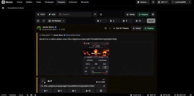 A screenshot of the Bloom crypto app showing a task to "Send 0 to a million dollars now" with a reward of 0.470K from user "James Wynn" ($JamesWynnoReal).