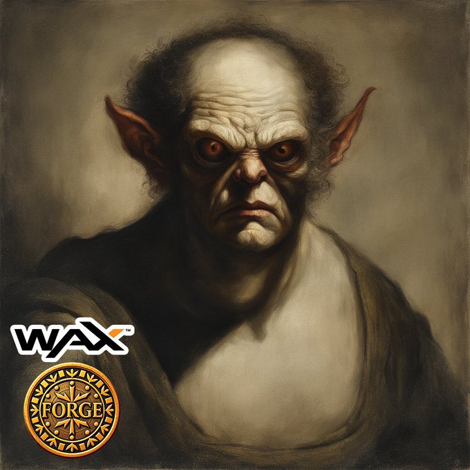 A dark, classical-style portrait painting of a grotesque, pointy-eared humanoid is stamped with 'WAX' and 'FORGE' logos in the corner.