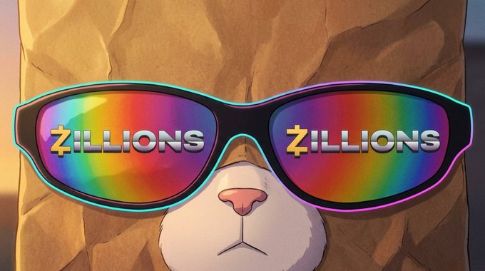 An animated illustration of a tan and white cat wearing large reflective sunglasses with rainbow lenses displaying the text 'ZILLIONS' on both sides.