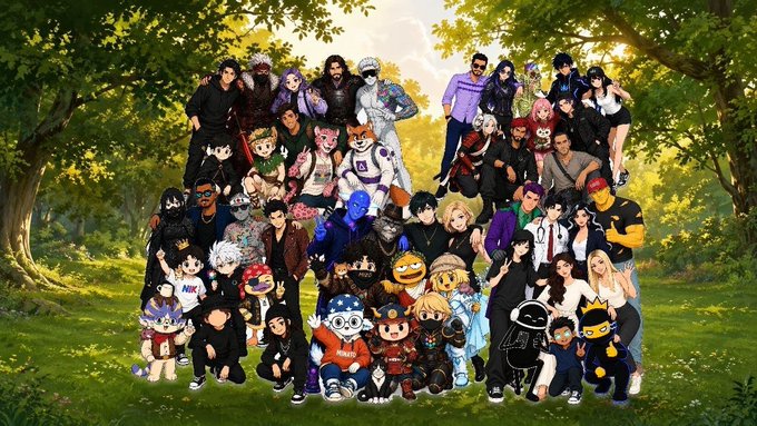 A large group photo featuring numerous people and various cartoon/anime-style avatars posing together in a forest clearing.