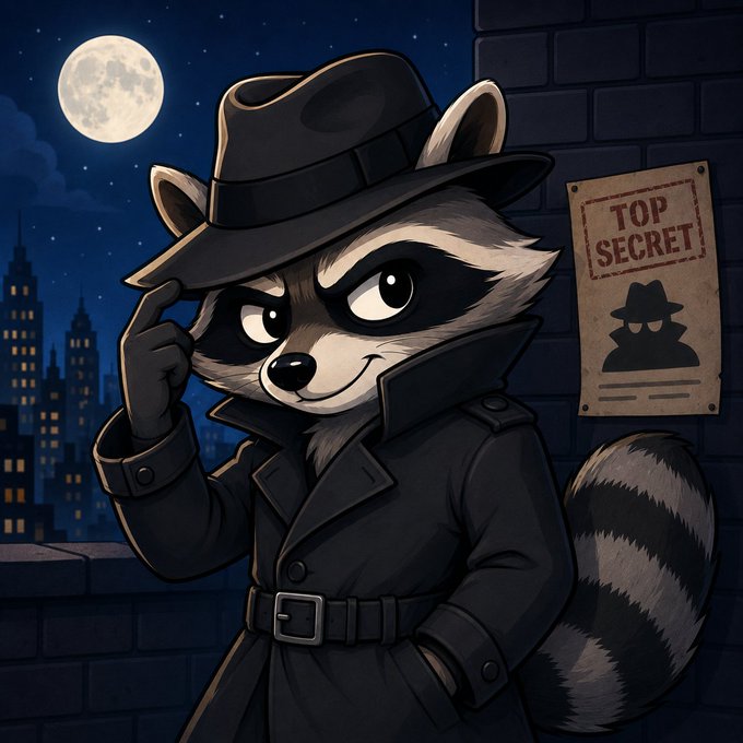 An illustrated cartoon of a raccoon dressed as a detective in a trench coat and fedora tipping its hat, standing on a rooftop at night with a city skyline and full moon behind it, next to a 'TOP SECRET' poster.