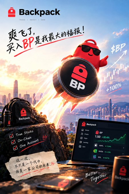 A promotional advertisement for the Backpack (BP) cryptocurrency exchange shows a red mascot riding a BP coin like a rocket, with text including "Backpack TRADE / INVEST / OWN", "爽飞了, 买入BP是我最大的福报！", and "$BP +100%".