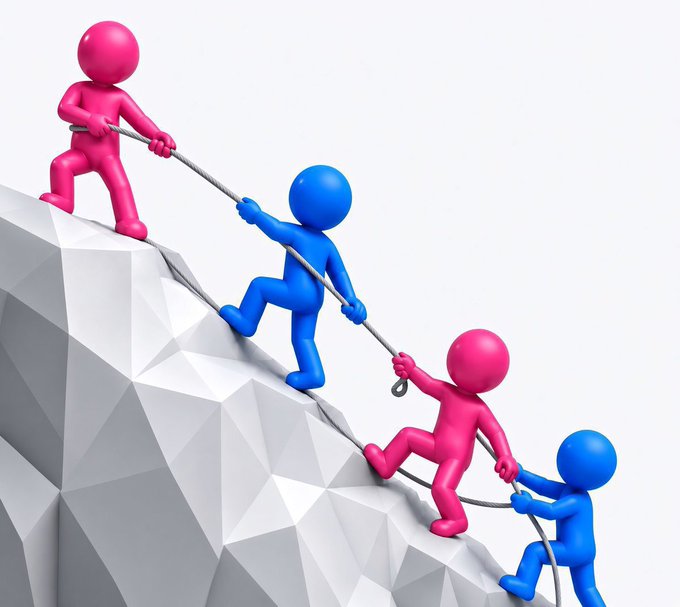 A 3D illustration of pink and blue figures helping each other climb a gray rocky mountain with a rope.