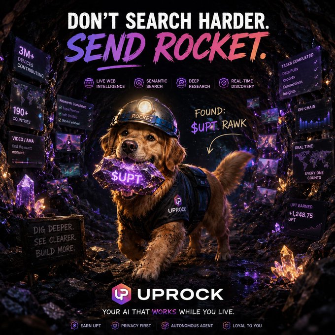 An advertisement for UPROCK featuring a golden retriever wearing a miner's helmet labeled 'ROCKET' holding a glowing purple '$UPT' crystal, with the tagline 'Don't search harder. Send Rocket.'