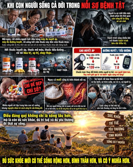 A Vietnamese health advertisement warning about high blood pressure and diabetes, featuring medication products and lifestyle imagery.