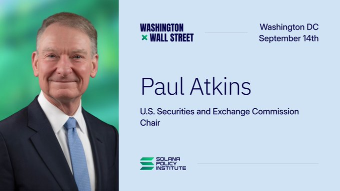 Announcement graphic featuring a portrait of Paul Atkins, identified as 'U.S. Securities and Exchange Commission Chair' for an event at 'Washington DC September 14th', hosted by the Solana Policy Institute.