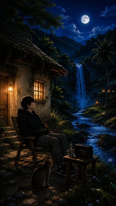 A person sits on a chair outside a rustic cabin at night under a full moon, with a waterfall and stream in the background and a cat nearby.