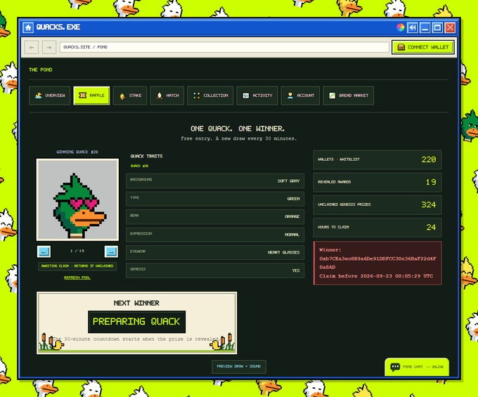 A screenshot of the "QUACKS.EXE" website interface displaying details for Quack #20, a "MORNING QUACK" NFT with traits including Soft Gray background and Green Gem eyes, priced at 220 $WLIST.