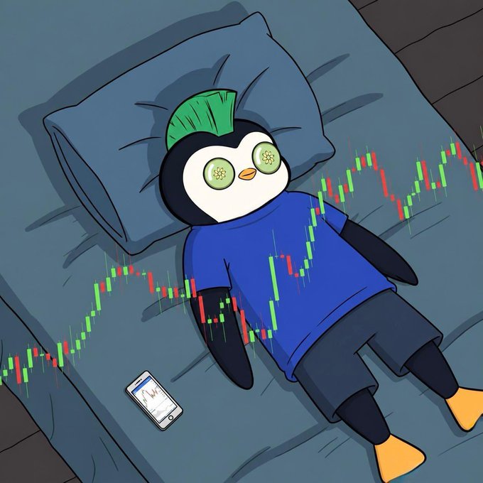 A cartoon penguin character with cucumber slices over its eyes lies in bed wearing a blue shirt, with candlestick chart lines (showing green and red bars) extending across the bedding next to a smartphone displaying a similar chart, illustrating the "up only" sentiment of the post.